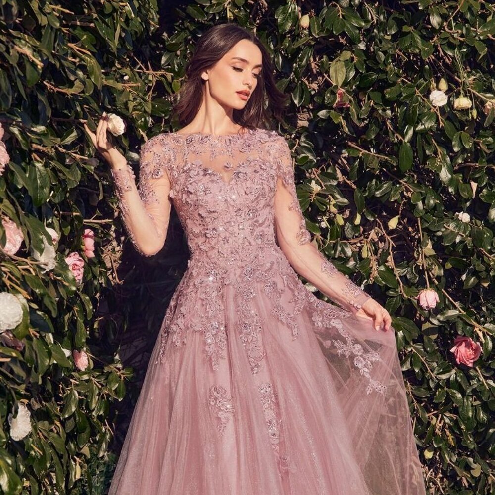 NEW A-LINE TULLE BALL GOWN W/ ILLUSION HIGH NECKLINE & LONG SLEEVES CD MA108